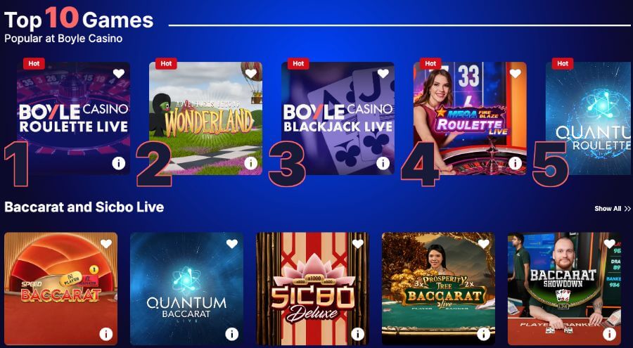 Top 10 most popular games at Boyle Casino UK, featuring Boyle Casino Roulette Live, Adventures Beyond Wonderland, and Quantum Roulette. The lobby also showcases a dedicated Baccarat and Sic Bo Live section for British players