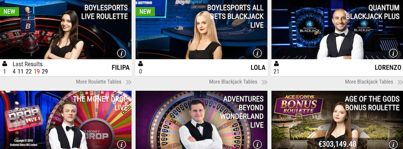 Boylesports live casino selection
