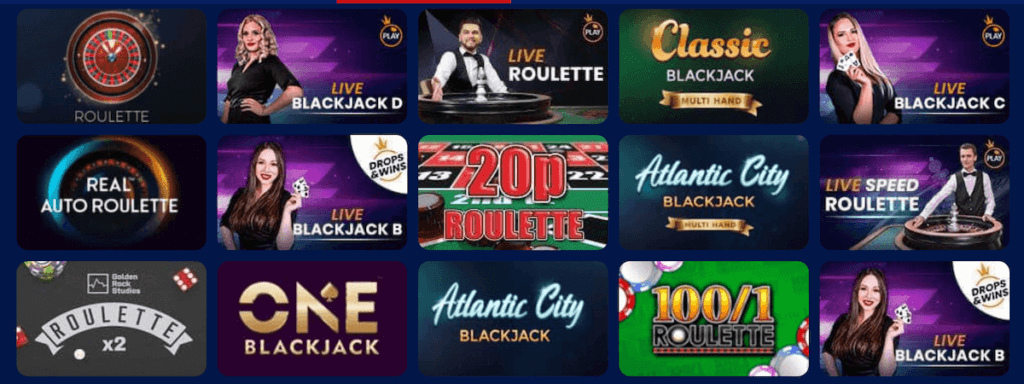 Casino games include roulette, blackjack, craps, and more.