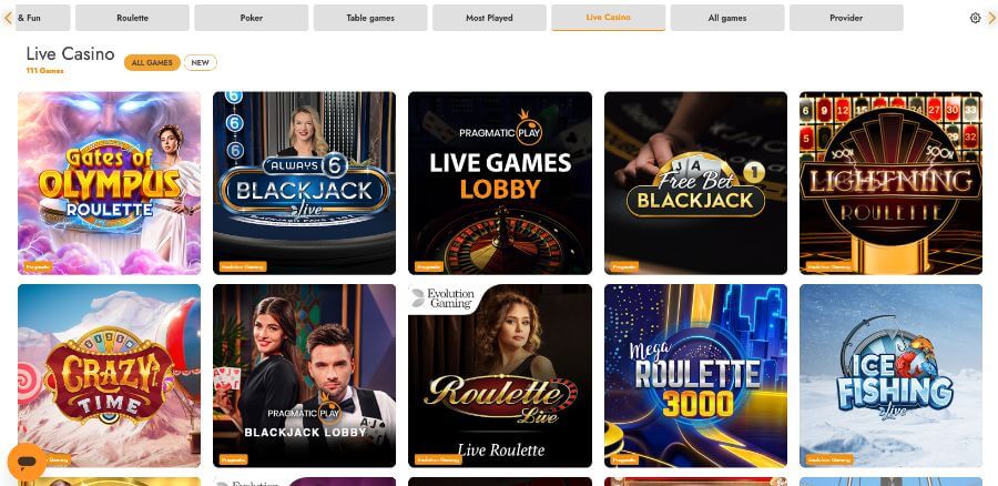Casimba Live Casino lobby showing live dealer games like Blackjack, Roulette, and Crazy Time by Evolution Gaming.