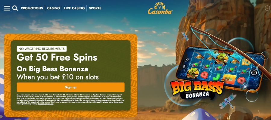 Casimba welcome offer: Get 50 free spins on Big Bass Bonanza with no wagering requirements when betting £10 on slots.