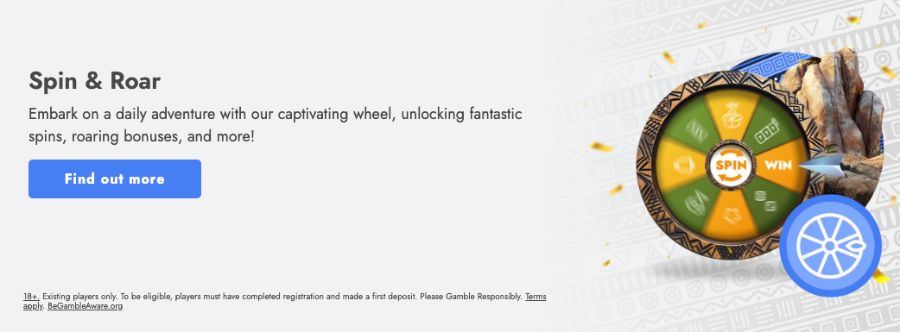 Casimba Spin & Roar daily bonus wheel offering free spins and rewards for registered players.