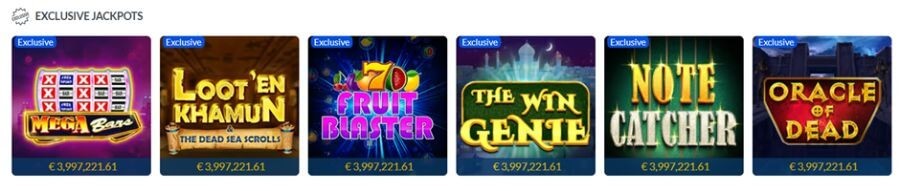 Grid of "Exclusive Jackpots" at a UK online casino featuring a shared progressive prize pool of €3,997,221.61. The selection includes high-volume titles such as Mega Bars, Loot’en Khamun & The Dead Sea Scrolls, 7 Fruit Blaster, The Win Genie, Note Catcher, and Oracle of Dead. Each game thumbnail displays a prominent blue "Exclusive" badge and the live multi-million jackpot total.