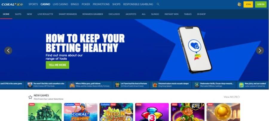 Coral Casino UK homepage featuring a prominent "Responsible Gambling" banner titled "How to Keep Your Betting Healthy." The navigation menu highlights popular UK categories including Slots, Slingo, Live Roulette, and Jackpots. The "New Games" section displays exclusive titles like Coral Fishin' Frenzy and Bees N' Honey alongside Jackpot Blitz slots on a blue branded interface.