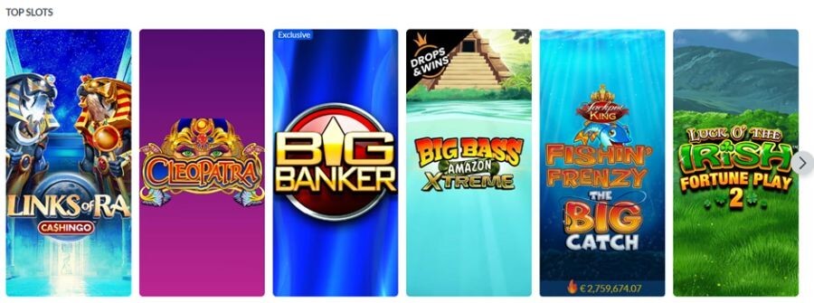 Top slots lobby for a UK online casino featuring a selection of popular titles including Links of Ra Cashingo, Cleopatra, and the exclusive Big Banker slot. The grid highlights Big Bass Amazon Xtreme with the Drops & Wins badge, Fishin' Frenzy The Big Catch featuring the Jackpot King progressive prize pool of over €2.7 million, and Luck O' The Irish Fortune Play 2.