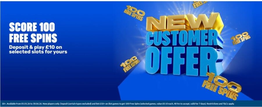Coral Casino UK new customer offer banner: "Score 100 Free Spins" when you deposit and play £10 on selected slots. The graphic features bold 3D blue and gold "New Customer Offer" text on a bright blue background. Small print includes mandatory UKGC compliance details: 18+, new players only, £10 minimum bet on slots, and 100 free spins valued at £0.10 each.