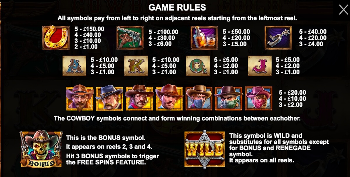 Cowboys Gold paytable cowboys gold slot play n go