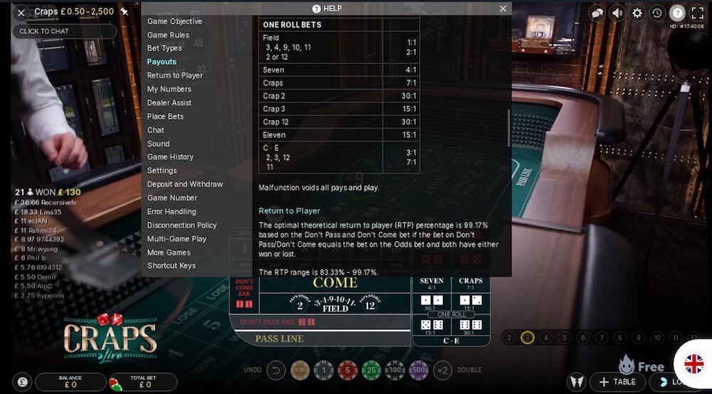 Craps live game Craps Live Evolution