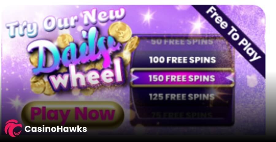 An online casino promotional banner advertising a daily prize incentive over a dark blue cityscape background at night with neon starlight graphics. In the center, a bold white header reads "SPIN OUR DAILY LUCKSTARS WHEEL" alongside a large 3D graphic of a multi-colored neon prize wheel dividing segments into cash or free spins rewards. A pink and white "CasinoHawks" affiliate watermark logo sits in the bottom left corner.
