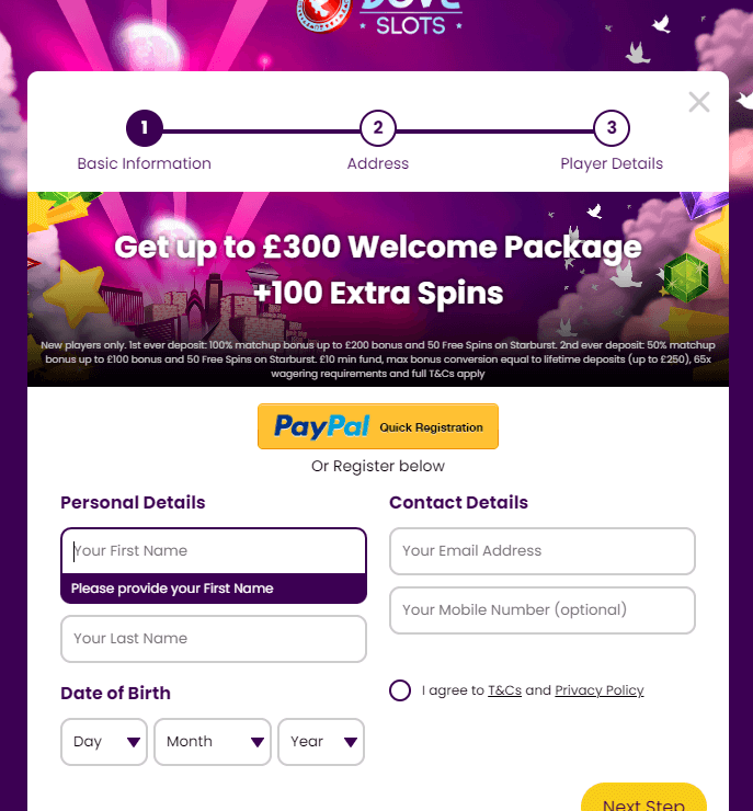 Dove Slots registration 1
