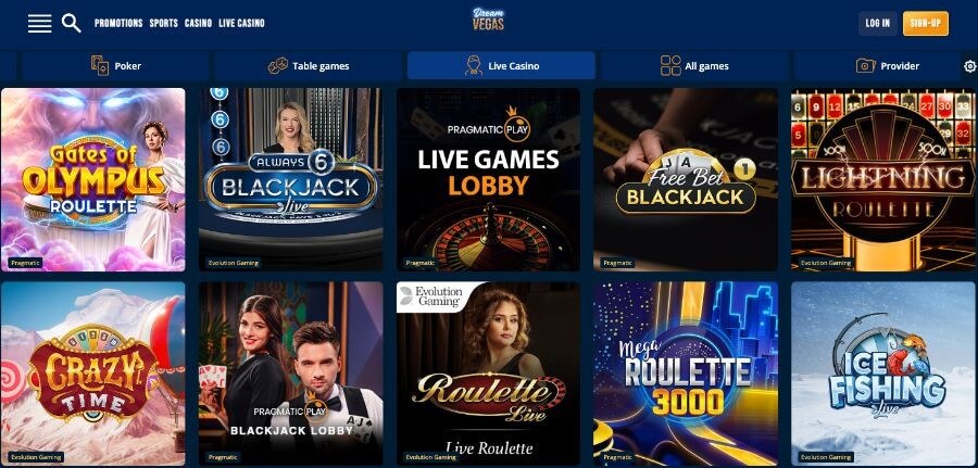 Dream Vegas UK "Live Casino" section featuring a 2x5 grid of popular live dealer titles. The navigation menu highlights categories for Poker, Table Games, All Games, and Providers. Featured games include Gates of Olympus Roulette, Always 6 Blackjack Live, Pragmatic Play Live Games Lobby, Free Bet Blackjack, and Lightning Roulette. The lower row showcases high-traffic titles like Crazy Time, Pragmatic Play Blackjack Lobby, Roulette Live, Mega Roulette 3000, and Ice Fishing Live.