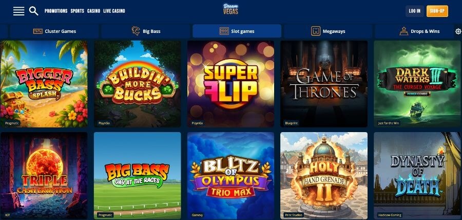 Dream Vegas UK slot games lobby featuring a 2x5 grid of popular titles. The navigation bar highlights categories for Cluster Games, Big Bass, Megaways, and Drops & Wins. Featured slots include Bigger Bass Splash, Buildin' More Bucks, Super Flip, Game of Thrones, and Dark Waters Power Combo. The bottom row showcases Triple Cash Eruption, Big Bass Day at the Races, Blitz of Olympus, Holy Hand Grenade, and Dynasty of Death.