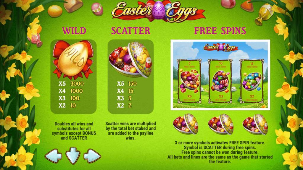 Wilds, Scatters, and Free Spins bonus in Easter Eggs online slot