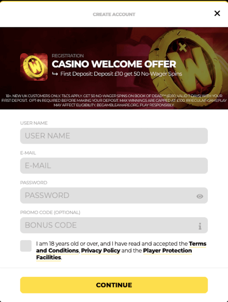 Energy Casino - Register a player account