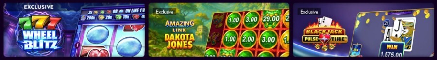A horizontal online casino exclusive games carousel banner displaying three side-by-side promotional game tiles marked with "Exclusive" badges. The left banner features 777 Wheel Blitz with a classic slot machine interface displaying multiplier values up to 200x. The middle banner showcases SpinPlay Games' Amazing Link Dakota Jones set against an jungle background with green cash orb symbols. The right banner shows Blackjack Pulse Time featuring a live virtual card table, blackjack hand (Ace and Jack), and a winning chip total.