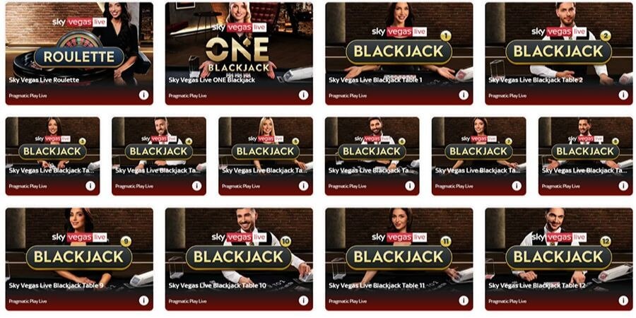 A grid of exclusive live dealer games for the UK market at Sky Vegas Live, featuring Sky Vegas Live Roulette, Sky Vegas Live ONE Blackjack, and twelve individual Sky Vegas Live Blackjack tables. The interface highlights professional dealers from Pragmatic Play Live, targeting search intent for "exclusive live blackjack," "best UK live dealer casino," and "real money roulette live."