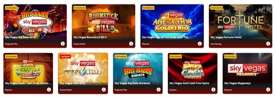 A grid of exclusive online slots for the UK market at Sky Vegas, featuring Sky Vegas Big Bass All-In, Boomstick Bill 2, Age of the Gods Gold Trio, and The Fortune Hotel. The interface also displays Sky Vegas Gold Blitz, Big Bass Bonanza, and Sky Vegas Megaways, targeting search intent for "exclusive Sky Vegas slots," "best Megaways games," and "real money jackpot slots."