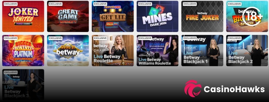 A lobby grid featuring thirteen casino game thumbnail cards marked with white "EXCLUSIVE" badges on a dark grey background. Top row displays Joker Ignited Power Combo, Great Game Serengeti, Prospector Wilds Get Lit Hold & Win, Mines Dare2Win, Betway Fire Joker, and Betway Big Bass Splash beneath an 18+ age verification badge in the top right. Middle row shows Bigger Bonanza Platinum Rush Express, Gates of Betway, Live Betway Roulette with a female dealer, Live Betway Williams Roulette, Live Betway Blackjack 1, and Live Betway Blackjack 2. Bottom row features Live Betway Blackjack 3, with the Casino Hawks pink lion logo resting in the bottom right corner.