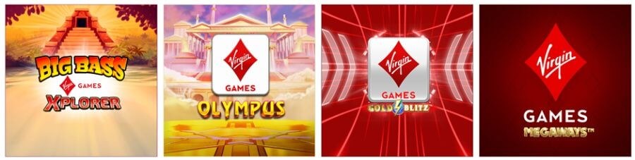 A row of exclusive online slots for Virgin Games UK, featuring Big Bass Virgin Games Xplorer, Virgin Games Olympus, Virgin Games Gold Blitz, and Virgin Games Megaways. The interface showcases officially licensed and proprietary titles, targeting search intent for "exclusive UK slots," "Megaways casino games," and branded variants of the popular Big Bass series.