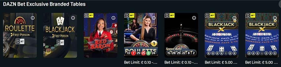 DAZN Bet UK exclusive branded tables lobby featuring a selection of bespoke live and RNG casino games. The grid includes DAZN Bet Roulette First Person, DAZN Bet Blackjack First Person, and the unique Red Baron live dealer game. Other featured titles include DAZN Bet Roulette and DAZN Bet Speed Auto Roulette, alongside high-stakes Blackjack X tables with betting limits clearly displayed.