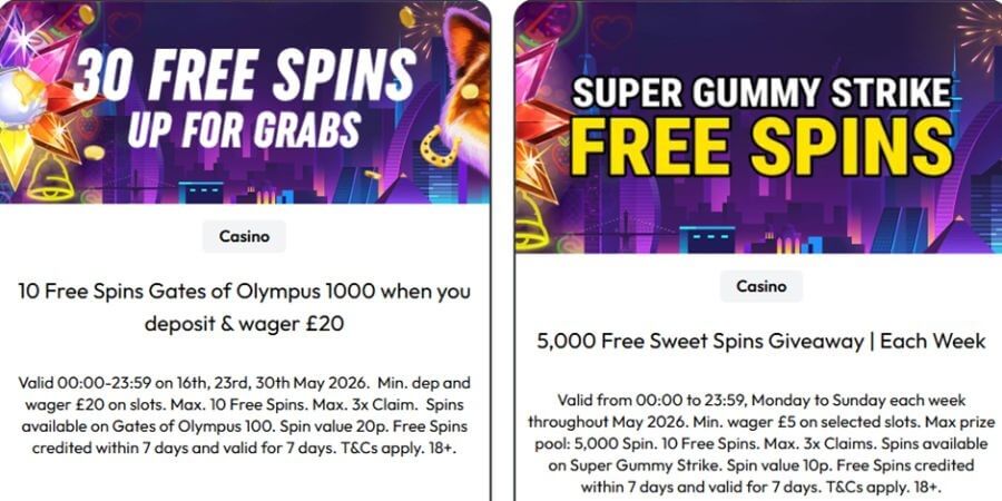 Side-by-side online casino promotional cards advertising slot bonuses over neon cityscape graphics. The left card features the headline "30 FREE SPINS UP FOR GRABS" detailing a "10 Free Spins Gates of Olympus 1000 when you deposit & wager £20" campaign. The right card displays the headline "SUPER GUMMY STRIKE FREE SPINS" showcasing a "5,000 Free Sweet Spins Giveaway | Each Week" promotion. Both blocks outline strict UK operational terms at the bottom.