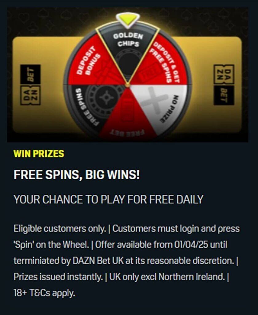 DAZN Bet UK interactive daily prize wheel promotion for existing customers. The prize wheel interface displays various reward categories such as Golden Chips and Free Bets. Promotional text emphasizes a "Chance to play for free daily," with clear regulatory compliance information regarding eligibility and safer gambling.