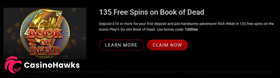 Promotional welcome offer banner set on a dark background featuring Play'n GO's Rich Wilde and the Book of Dead circular slot logo on the left. The right side displays bold white headline text reading "135 Free Spins on Book of Dead" above descriptive body text: "Deposit £10 or more for your first deposit and join handsome adventurer Rich Wilde in 135 free spins on the iconic Play'n Go slot Book of Dead. Use bonus code: 135free". Includes an outlined "LEARN MORE" button and a red "CLAIM NOW" CTA button, with fine-print promotional terms running along the bottom.