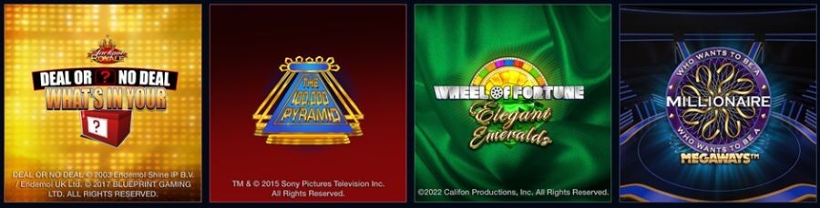 A row of popular TV-themed online slots for the UK market, featuring Deal or No Deal: What's In Your Box Jackpot Royale, The $100,000 Pyramid, Wheel of Fortune: Elegant Emeralds, and Who Wants to Be a Millionaire Megaways. The interface showcases officially licensed titles from providers like Blueprint Gaming and Big Time Gaming, targeting players searching for branded casino games and high-multiplier Megaways mechanics.