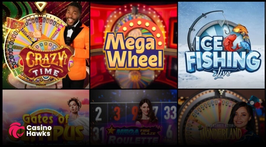 A 2x3 grid banner showcasing popular live casino game shows and live roulette titles. Top row displays Evolution Gaming's Crazy Time featuring a live presenter in an orange tuxedo beside the prize wheel, Pragmatic Play Live's Mega Wheel with its illuminated studio logo, and Ice Fishing Live featuring a fishing rod, hook, and colorful fish logo over a winter icy background. Bottom row shows Gates of Olympus Roulette alongside the Casino Hawks pink lion logo, Playtech's Mega Fire Blaze Roulette with a live host against a dark roulette number board, and Playtech's Adventures Beyond Wonderland Live with a host in a top hat standing by a money wheel.
