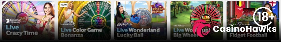 A horizontal row of five live dealer casino game show thumbnail cards set against a dark background. From left to right: Evolution Gaming's Live Crazy Time with a smiling female host in front of the giant wheel, Pragmatic Play's Live Color Game Bonanza (marked NEW) featuring a host presenting a color wheel, Playtech's Live Wonderland Lucky Ball with a live presenter and animated character, Inspired's Live Word Up! Big Wheel featuring a red and black prize wheel, and Games Global's Fidget Football with a female host. An 18+ age verification badge rests in the top right corner, and the Casino Hawks pink lion co-branding logo sits across the bottom right section.