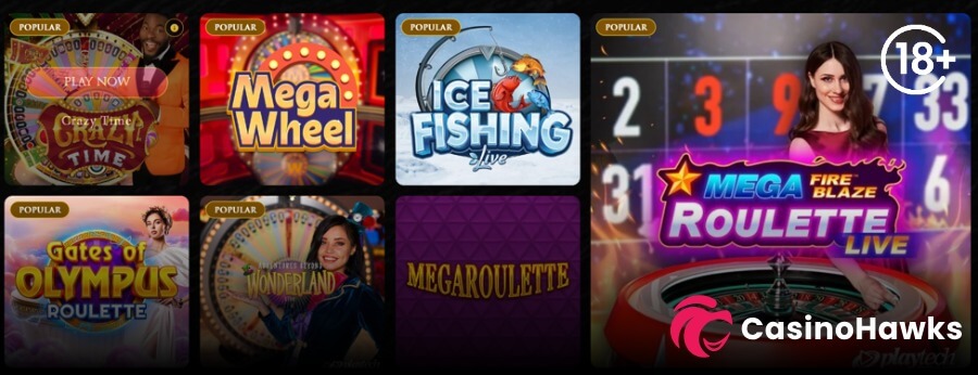 A dark live casino lobby grid featuring a large spotlight card on the right and six square game tiles on the left. The prominent right card highlights Playtech's Mega Fireblaze Roulette Live with a live host, an 18+ age restriction badge, and the Casino Hawks pink lion co-branding logo in the bottom right corner. The left grid features Evolution's Crazy Time with a red "PLAY NOW" hover button, Pragmatic Play's Mega Wheel, Ice Fishing Live, Gates of Olympus Roulette, Playtech's Adventures Beyond Wonderland Live, and Mega Roulette, with gold "POPULAR" tags across top titles.