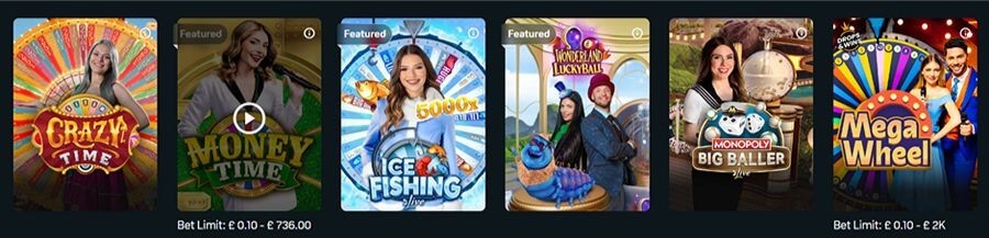 A comprehensive selection of live dealer game shows for the UK market on DAZN Bet. The interface highlights industry-leading software from Evolution Gaming, Playtech, and Pragmatic Play. Featured thumbnails include immersive money wheel games like Dream Catcher and Crazy Pachinko, alongside popular multiplier-based table games and hybrid live slot experiences.