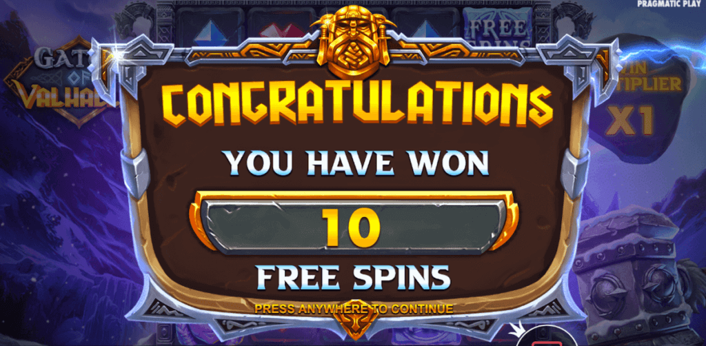 Get 10 free spins or more in the bonus round in Gates of Valhalla by Pragmatic Play