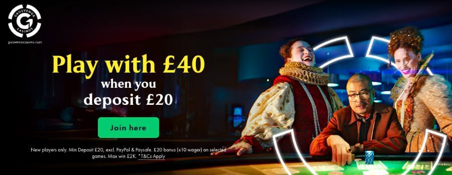 Grosvenor Casino UK welcome offer: Play with £40 when you deposit £20 for new players.
