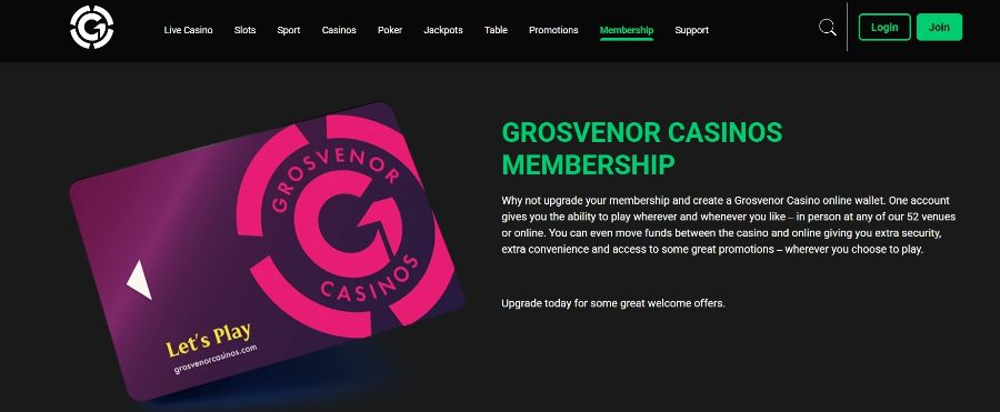 Grosvenor Casinos membership card with details about online wallet and in-person venue benefits.