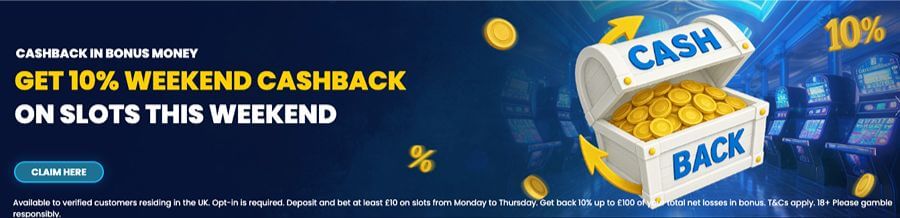 Promotional banner for Highbet 10% Weekend Cashback on slots in bonus money for UK residents.