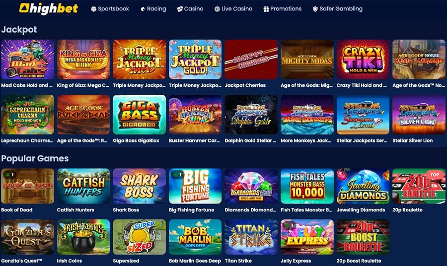 Highbet Casino games category displaying Jackpot slots like King of Giza and Popular Games like Book of Dead.