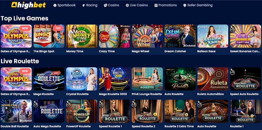 Highbet Live Casino lobby featuring live dealer games like Crazy Time, Mega Wheel, and various Live Roulette tables.