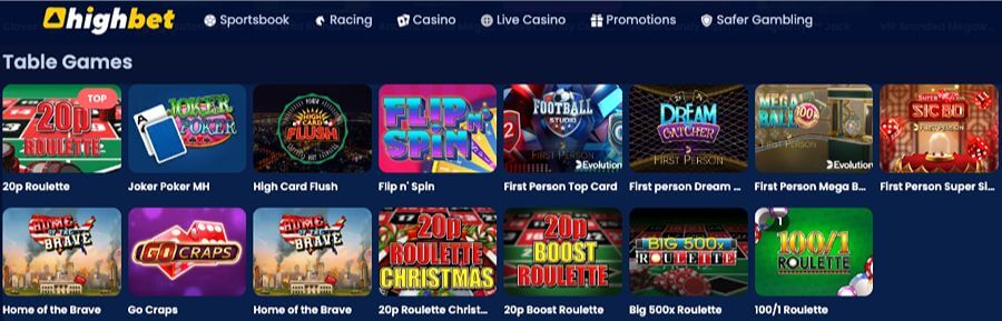 Selection of online table games at Highbet including 20p Roulette, Joker Poker, and High Card Flush.