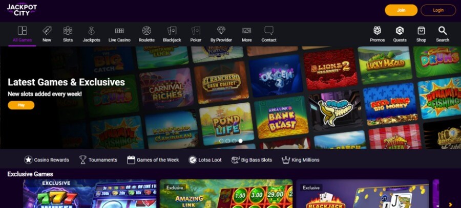 Jackpot City Casino homepage lobby user interface on a dark purple theme. Top navigation bar displays categories including "All Games", "New", "Slots", "Jackpots", "Live Casino", "Roulette", "Blackjack", "Poker", and "Promos" alongside "Join" and "Login" buttons. The main banner reads "Latest Games & Exclusives - New slots added every week!" over a grid of game tiles including 5 Lions Megaways 2, Slingo Lucky McGold, Reel King Big Money, and Dynamite Fishing. Lower sub-menu links feature "Casino Rewards", "Tournaments", "Games of the Week", "Lotsa Loot", "Big Bass Slots", and "King Millions", directly above an "Exclusive Games" carousel showing branded titles like 777 Wheel.