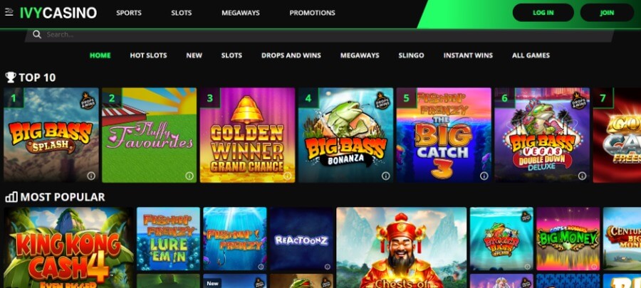 Ivy Casino homepage software lobby desktop user interface featuring a dark background with green accents and top header links for "SPORTS", "SLOTS", "MEGAWAYS", and "PROMOTIONS" alongside "LOG IN" and "JOIN" buttons. The secondary category filter bar includes "HOME", "HOT SLOTS", "NEW", "SLOTS", "DROPS AND WINS", "MEGAWAYS", "SLINGO", "INSTANT WINS", and "ALL GAMES". Below, a numbered "TOP 10" carousel showcases ranked game tiles: 1. Big Bass Splash, 2. Fluffy Favourites, 3. Golden Winner Grand Chance, 4. Big Bass Bonanza, 5. Fishin' Frenzy The Big Catch 3, 6. Big Bass Vegas Double Down Deluxe, and 7. Gold Cash Free Spins. Lower section displays a "MOST POPULAR" slot grid featuring King Kong Cash 4 Even Bigger Bananas, Fishin' Frenzy Lure 'Em In, Fishin' Frenzy, and Reactoonz.