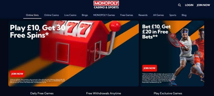 Monopoly Casino & Sports UK landing page featuring two major welcome offers. The left banner advertises "Play £10, Get 30 Free Spins" on Monopoly Paradise Mansion, illustrated with a red hotel-themed slot machine. The right banner promotes "Bet £10, Get £20 in Free Bets" for sports betting, featuring a tennis player and a footballer. The header includes navigation for Online Slots, Live Casino, Bingo, and Monopoly Games.