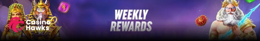 A vibrant purple online casino promotional banner centered around bold white italicized text reading "WEEKLY REWARDS". On the left side, an Egyptian queen and golden Anubis character stand next to floating game icons alongside the pink lion Casino Hawks logo. On the right side, Pragmatic Play's Zeus holding a glowing blue lightning bolt stands beside a floating red scarab and green gem.
