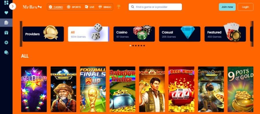 Mr Rex online casino games lobby displaying an orange branded interface with a grid of top UK slots. Featured game titles include Starburst, Dynamite Riches Megaways, Football Finals X UP, Rainbow Riches, Book of Dead, Reel King, Gonzo's Quest Megaways, and 9 Pots of Gold. This targets high-intent search terms for "best online slots UK," "Megaways slot games," and "Mr Rex casino review."