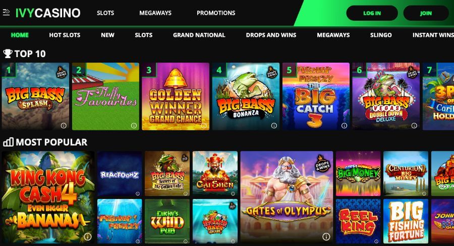 Ivy Casino Top 10 most popular slots in the UK, featuring Big Bass Splash, Fluffy Favourites, and Gates of Olympus
