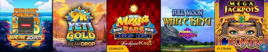 An online casino progressive jackpot slot row set against varied backgrounds displaying five game tiles. From left to right: Blueprint's Fishin' Frenzy Even Bigger Catch Rapid Fire Jackpots underwater; 4ThePlayer's 9k Yeti Gold Dream Drop in a snowy mountain setting; Blueprint's Mega Bars Big Hit Jackpot King with a gold live jackpot counter reading £3,094,275; Playtech's Full Moon White King Power Play Jackpot set against a wilderness landscape; and IGT's Mega Jackpots Cleopatra featuring an Egyptian queen with a gold ticker reading £1,278,604.