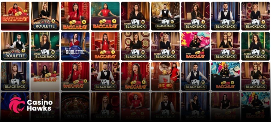 A 4x9 software lobby grid showcasing 36 live dealer casino table thumbnails with real dealers. Top rows feature Speed Baccarat, Speed Roulette, Pragmatic Play's Mega Roulette, Speed Blackjack, and classic Live Blackjack tables. Lower rows display specialty live games including Sic Bo and Dragon Tiger, alongside numbered seating ranges for live blackjack and baccarat studios. The bottom left corner features the pink lion Casino Hawks logo.