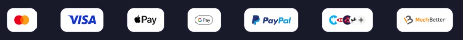 A horizontal row displaying seven white rounded rectangular payment method badges on a dark background. From left to right, the logos feature Mastercard, Visa, Apple Pay, Google Pay, PayPal, a combined icon for UK Bank Transfers (featuring Barclays, HSBC, NatWest, and Lloyds logos), and e-wallet MuchBetter.