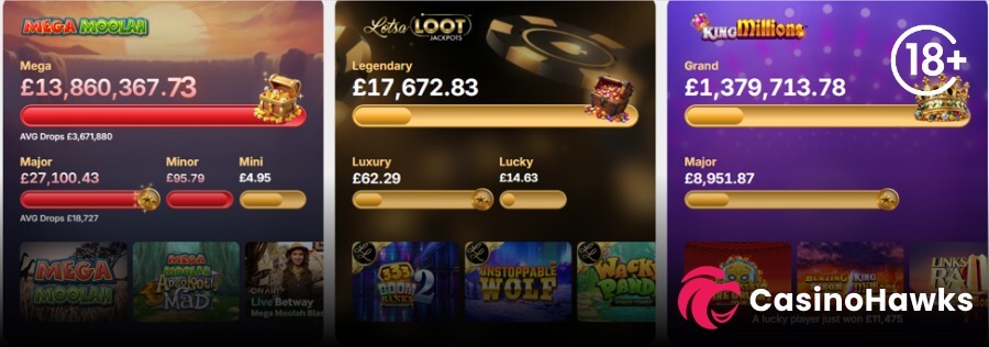 A three-panel progressive jackpot counter layout displaying live prize tracking cards side-by-side. Left panel highlights Games Global's Mega Moolah network with a Mega jackpot counter at £13,860,367.73, Major at £27,100.43, Minor at £95.79, and Mini at £4.95 alongside games like Mega Moolah Megaways. Center panel displays Lotsa Loot Jackpots with a Legendary jackpot counter at £17,672.83, Luxury at £62.29, and Lucky at £14.63 above slot tiles for 333 Boom Banks 2, Unstoppable Wolf, and Wacky Panda. Right panel displays King Millions network with a Grand jackpot counter at £1,379,713.78 and Major at £8,951.87 beneath an 18+ age restriction badge in the top right corner, with the Casino Hawks pink lion co-branding logo in the bottom right corner.