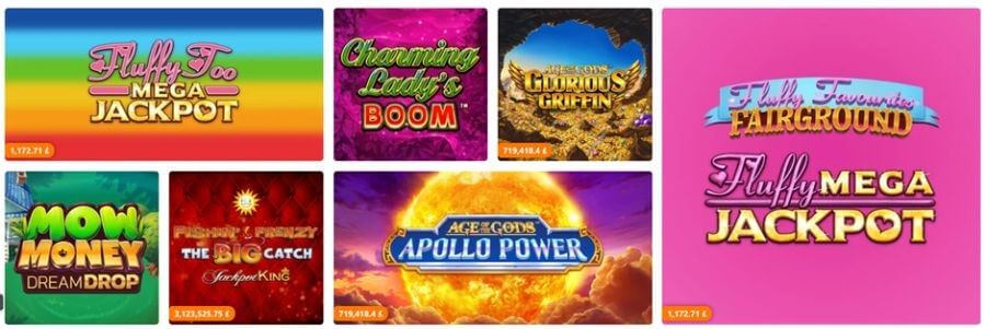 An asymmetrical progressive jackpot slot lobby grid showcasing live prize tickers in British Pounds (£). Featured titles include Fluffy Too Mega Jackpot, Charming Lady's Boom, Playtech's Age of the Gods: Glorious Griffin and Apollo Power, Relax Gaming's Mow Money Dream Drop, Blueprint's Fishin' Frenzy The Big Catch Jackpot King, and Fluffy Favourites Fairground Mega Jackpot. This targets high-intent queries for "best online jackpot slots UK," "play Dream Drop slots real money," and "Jackpot King slot sites."